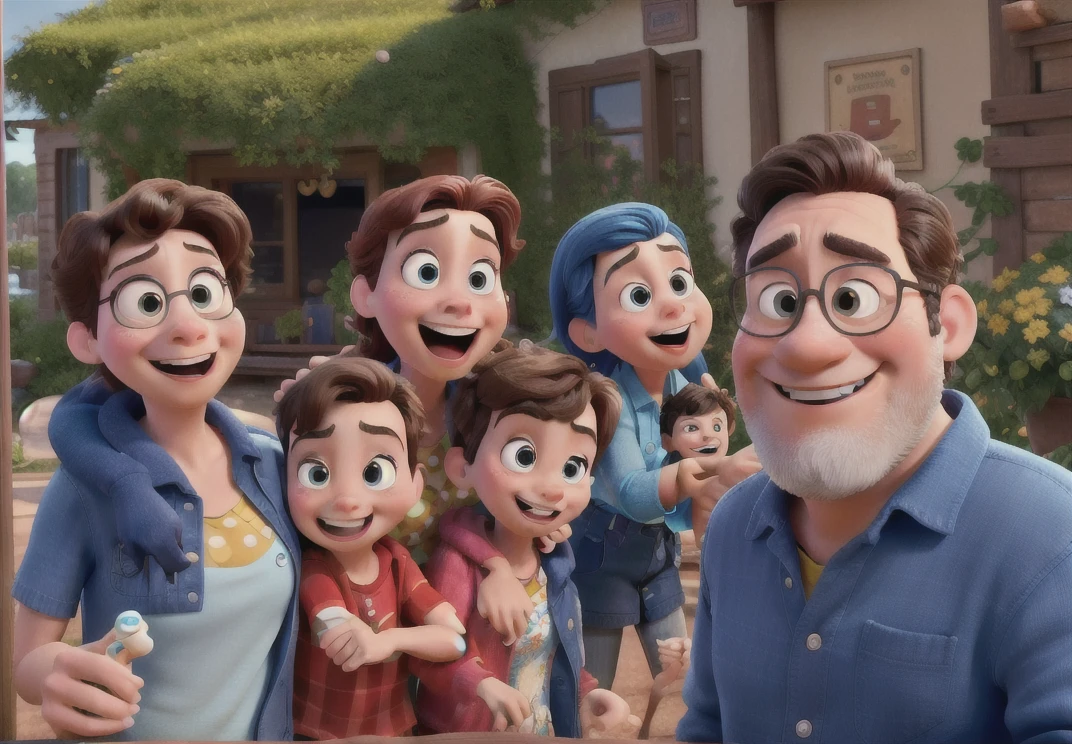 Poster for the film inspired by Disney Pixar with the title "Us 4". With a happy and lively family, together. The scene must follow an artistic style similar to Pixar, focusing on the characters' expressions, vibrant colors, detailed textures and characteristics of their animations.