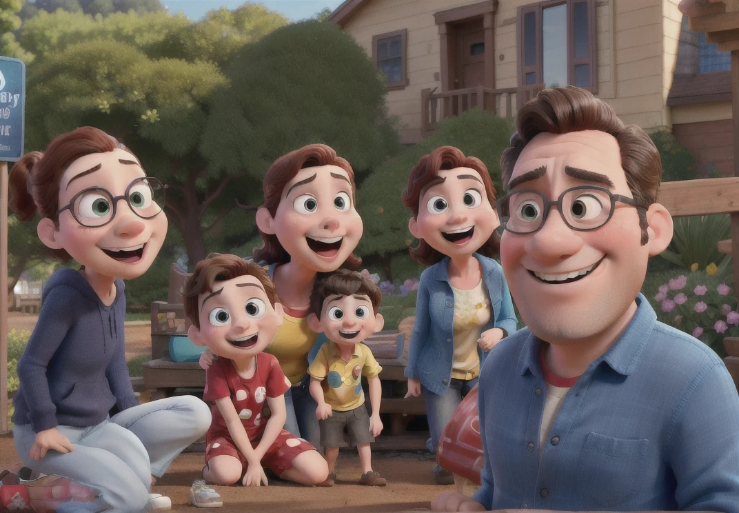 Poster for the film inspired by Disney Pixar with the title "Us 4".  With a happy and lively family, together.  The scene must follow an artistic style similar to Pixar, focusing on the characters' expressions, vibrant colors, detailed textures and characteristics of their animations.