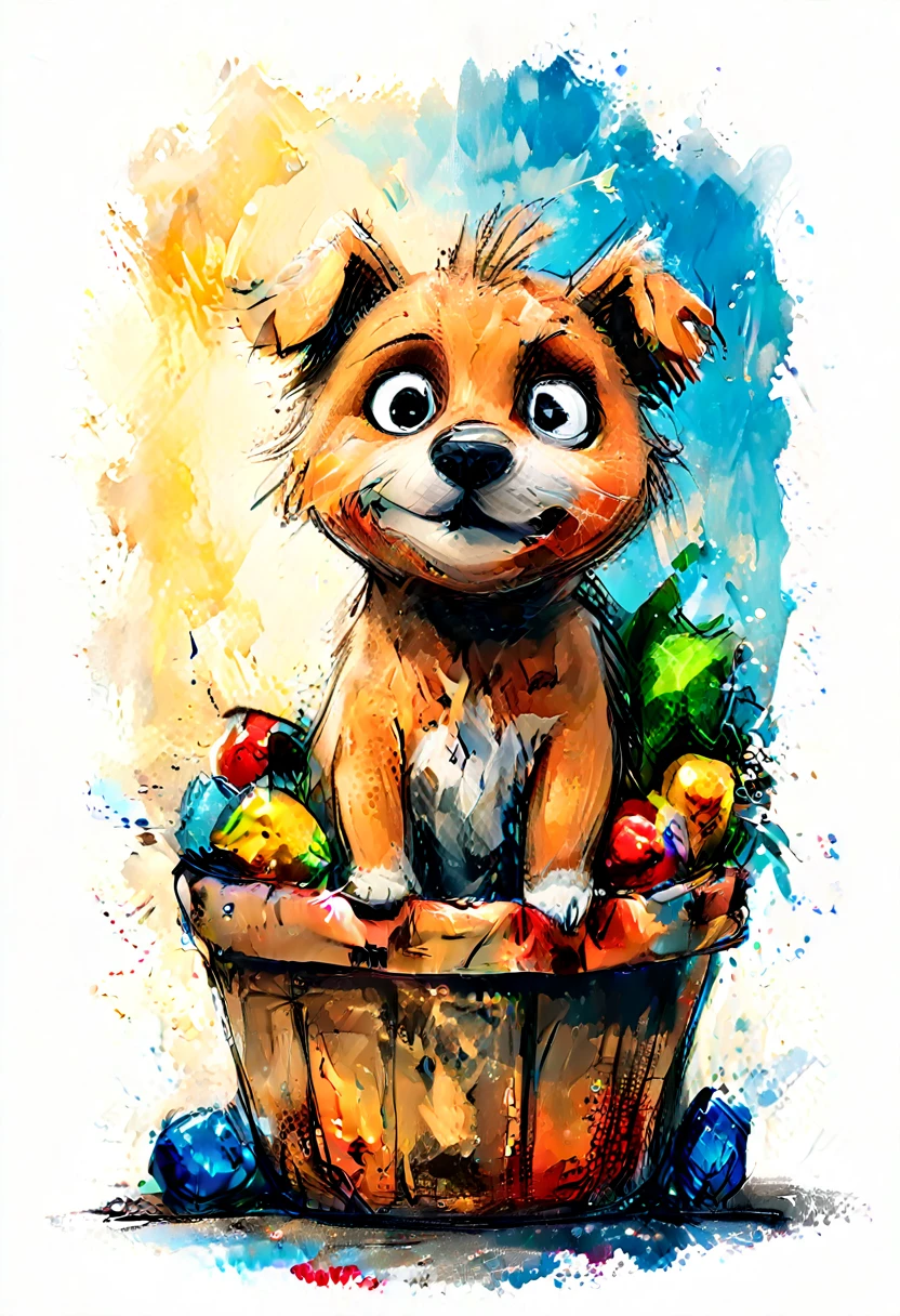 striking colorful painting of cute drawing of a in a wicker basket, sofa, pillows, highy detailed, 8K, Spitz, proffesional, clearing, hight contrast, crystal clearing