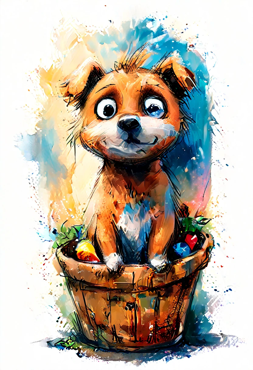 striking colorful painting of cute drawing of a in a wicker basket, sofa, pillows, highy detailed, 8K, Spitz, proffesional, clearing, hight contrast, crystal clearing