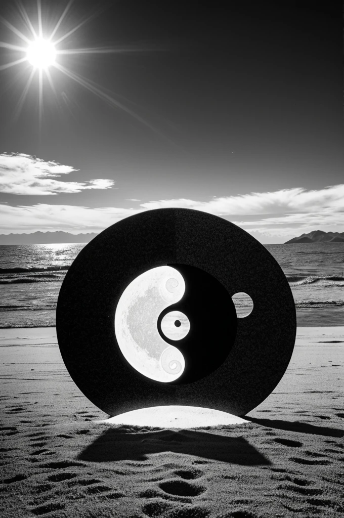 Yin and yang with sun and moon in black and white 
