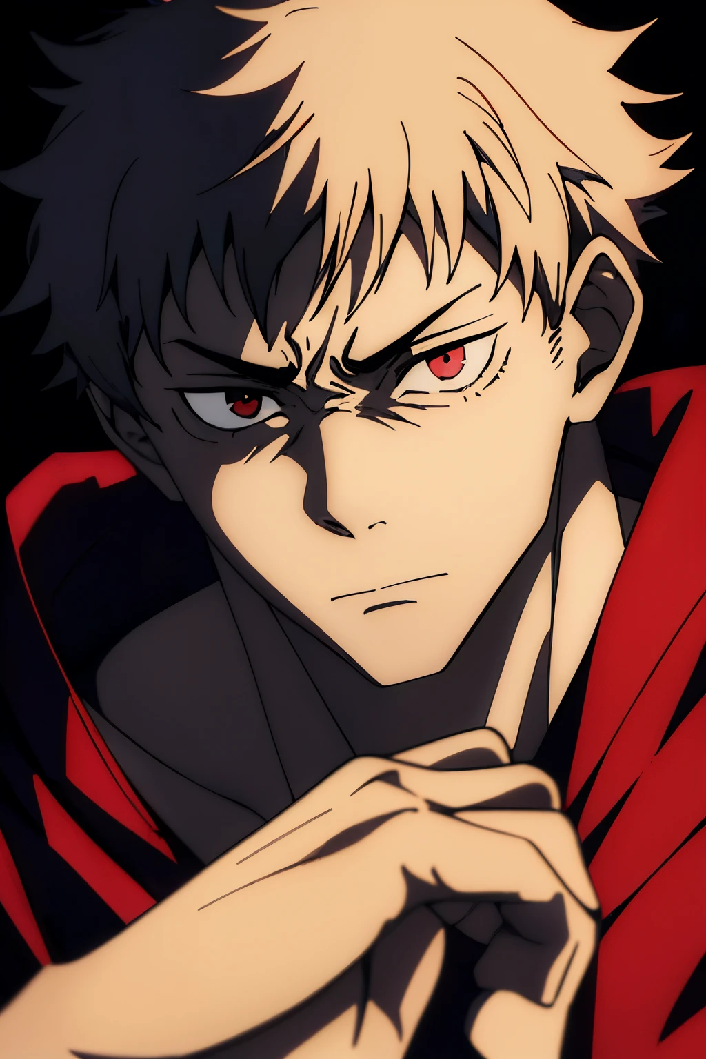 Close of (male anime character:1.3), (intense gaze:1.2), (blood red eyes:1.3) featuring, dark black spiky hair, shorth hair, furrowed eyebrows, scar on the face (serious expression:1.2), shadowed face, (Japanese red cape:1.1), dollar sign in the eye, high detail digital illustration, (darkness background:1.1), anime styling, strong facial features, contrasting colours, featuringportamento focado, japanese samurai kimono, samurai pants,