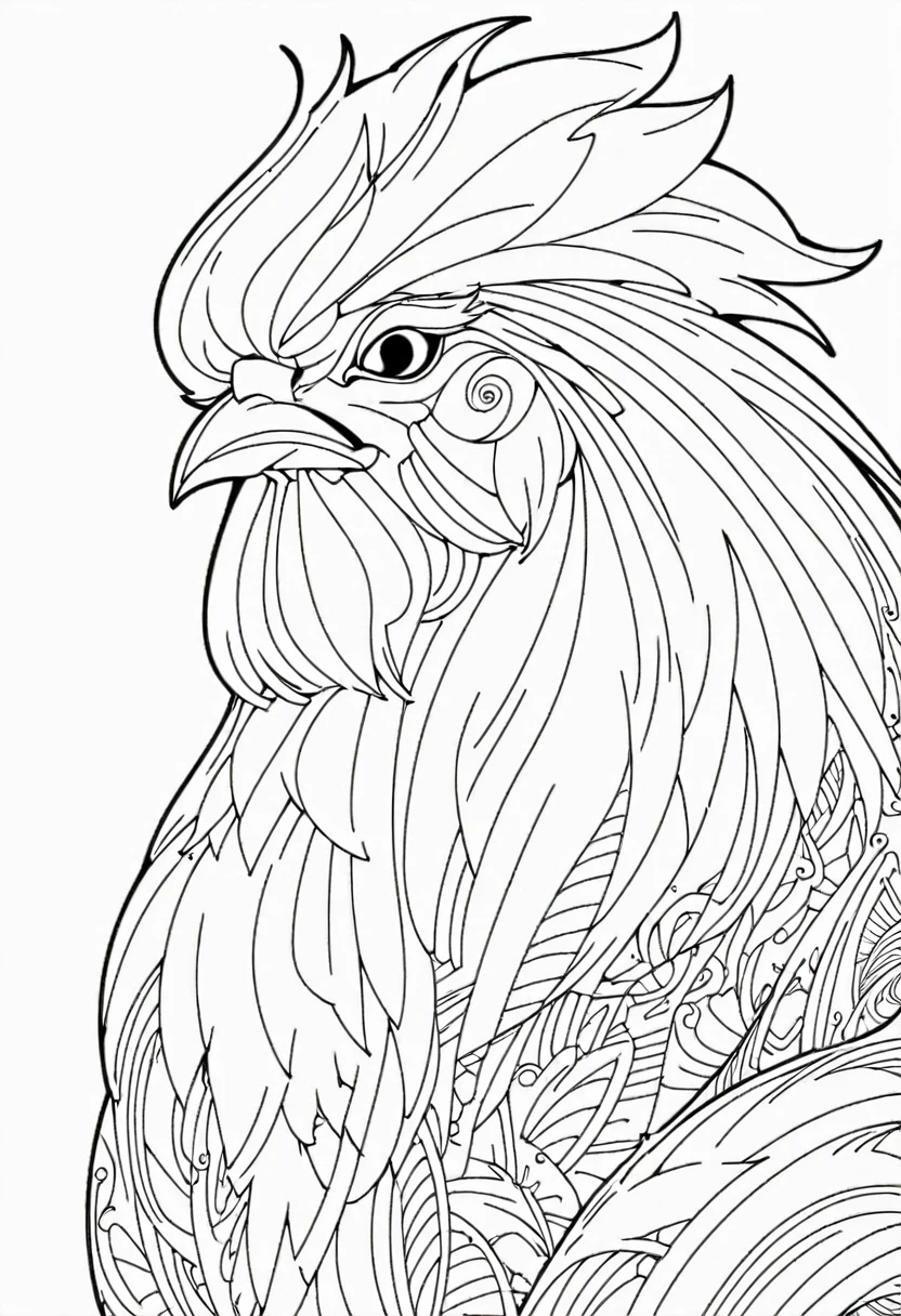 a coloring page with a rooster, black and white coloring, Coloring book outline, Detailed line art, clean coloring book page, stylized lines, art outline, detailed drawing in 4k, line art coloring page, detailed art, hyper Detailed line art, detailed digital drawing, Coloring Pages, coloring pages, extremely fine ink line