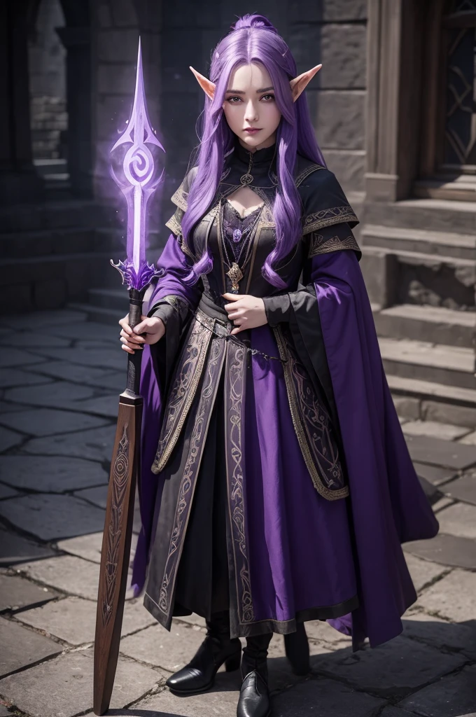 A half-elf with purple hair and violet eyes, wearing dark medieval witch clothes and long shoes, with a very pretty face and holding a magic weapon