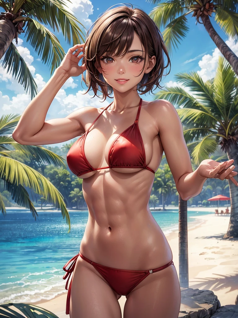 ,(best quality, ultra-detailed, realistic:1.37, masterpiece:1.2), woman, beautiful detailed eyes, beautiful detailed lips, brown hair tied up, smile,red micro bikini, slim figure, caustics, textile shading, toned body, clean abs, palm trees swaying, messy flipped short hair,