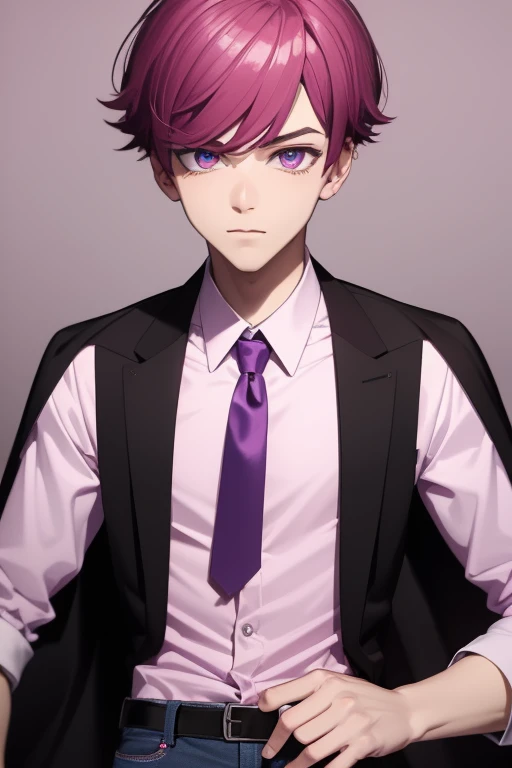 Gumball Handsome 18 year old boy with reddish pink hair, pale pink skin, pierced ears, purple eyes, open pale purple vest, white shirt with candy print, black belt, red jeans, looking directly at viewer. a white background.