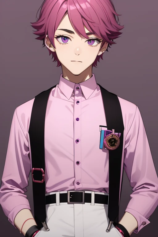 Gumball Handsome 18 year old boy with reddish pink hair, pale pink skin, pierced ears, purple eyes, open pale purple vest, white shirt with candy print, black belt, red jeans, looking directly at viewer. a white background.