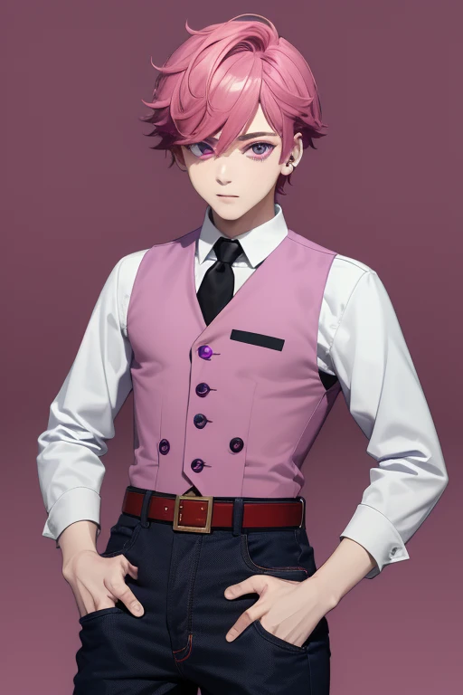 Gumball Handsome 18 year old boy with reddish pink hair, pale pink skin, pierced ears, purple eyes, open pale purple vest, white shirt with candy print, black belt, red jeans, looking directly at viewer. a white background.