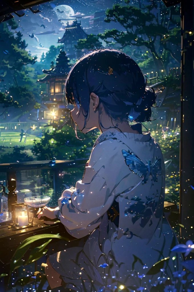 (Official art、Best Quality、Unity 8k Wallpapers、masterpiece、absurderes、ultra-detailliert、超A high resolution:1.2)、(Ultra-detailed and complex 3D rendering)、Detailed beautiful face and eyes、A slender、Medium bust、(Full body:1.2)、(sideshot、Looking up at the moon、Looking away:1.2)、Fireflies are flying、(Mystical)、beauitful face、blurry backround、a beauty girl、Japan garden、cowboy shot、Sit on the porch、One full moon in the sky、Moon