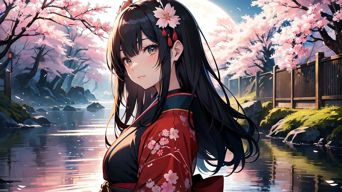 extremely detailed body,girl,woman,female,mature,30 years old,long hair,bangs,streaked hair,black hair,shiny hair,beautiful detailed cold face,cold smile,bright pupils,bare_shoulders,medium_breasts,(red eyes),hair_flower, kimono,((no underwear)),Lots of piercings,((spread legs)),night,(pond),Grass is growing in the foreground,beautiful detailed sky,moon,cold light, bokeh,(((Watercolor Techniques))),wet,Unreal Engine,digital art,extremely detailed CG unity 8k wallpaper,