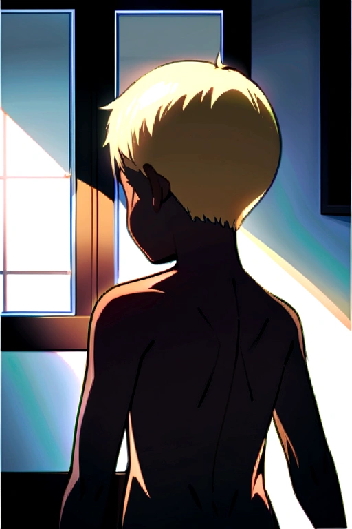 Black man standing back to camera nude and bare, in front of him stands blonde elementary age male smiling, bedroom day 