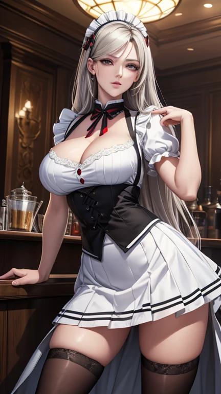 red eyes, (highest quality, masterpiece painting:1.3), mature woman, 26 years old, (half body shot), masterpiece, ultra high resolution, (Photoreal:1.0), silver hair、straight hair, beautiful shiny hair, white and shining skin, ((Ultra realistic details)), octane rendering, highly detailed face, (big breasts:0.8), ((maid)), (black maid clothes),((black mini skirt)), ((A pose that shows off your pussy)), (lift up the skirt), ((very tight pussy)), cleavage, perfect body, soft skin, anime face, perfect face, perfect eyes, looking at the viewer, smart, coffee shop,sharp focus, intricate details, professional artwork, (bright colors:1.1), bright colors, diffused lighting, digital blending, ultra-definition body, ultra detail hair, super detailed face, that&#39;It&#39;s trending on pixiv, top button open, shy girl, Cute gaze, compensate, perfect lips, perfect compensate, Ultra-precision coating, (light_smile:0.8), Very embarrassed, blush your nose,