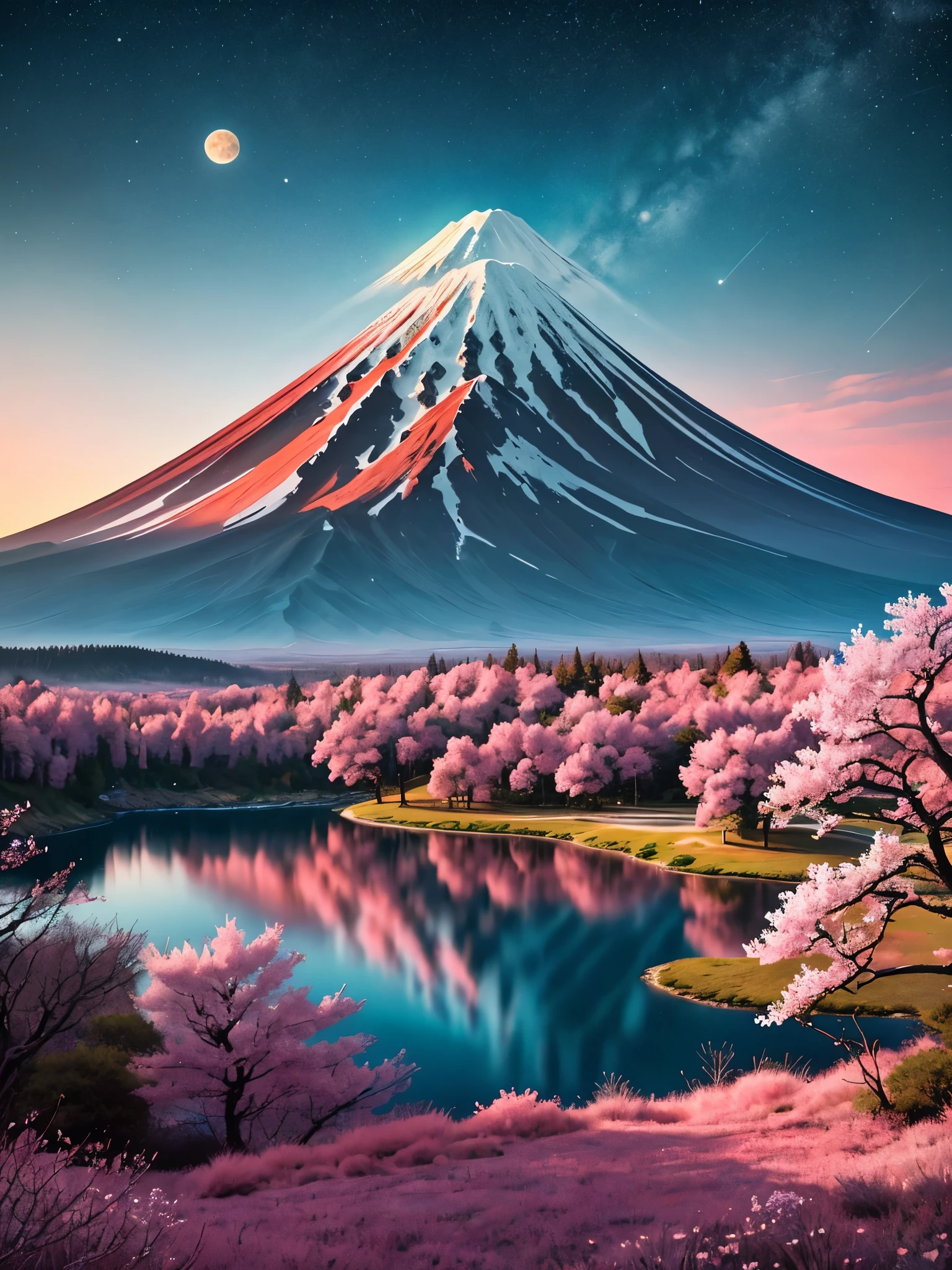 The scene is a picturesque view of Mount Fuji, framed by blooming cherry blossoms. The mountain, covered with snow, stands majestically against a gradient sky that transitions from a warm, golden hue near the horizon to a deep blue at the top. The cherry blossoms, with their pink petals, create a natural frame around the image, enhancing the serene and beautiful atmosphere. Below Mount Fuji, a tranquil lake reflects the sky and blossoms, adding depth and harmony to the scene. The lighting is soft, typical of early morning or late afternoon, casting gentle shadows and highlighting the delicate details of the blossoms and the mountain. In the distance, near the lake, there are small buildings and trees, adding a sense of scale and depth to the landscape. The overall color palette is dominated by shades of pink, blue, and white, creating a peaceful and captivating view.
A fantastical alien landscape with a serene, otherworldly atmosphere. The scene features a series of majestic, rocky mountains rising from a barren, desert-like terrain, dotted with multiple blue lakes. The largest mountain is centrally located, towering over the other peaks and reflecting in the pristine waters below. In the background, a large planet and two smaller moons are visible in the clear, star-studded sky, enhancing the celestial feel. The color palette includes warm, sandy tones for the land and cool, blue hues for the water, creating a striking contrast. The lighting is soft, suggesting either dawn or dusk, casting long shadows across the landscape. The lakes are surrounded by lush greenery, providing a vivid contrast to the surrounding arid desert. The perspective is a high-angle, bird’s-eye view, capturing the vast expanse of this alien world.
