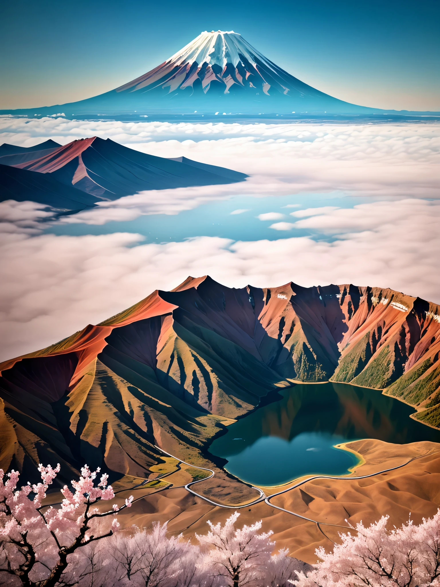 The scene is a picturesque view of Mount Fuji, framed by blooming cherry blossoms. The mountain, covered with snow, stands majestically against a gradient sky that transitions from a warm, golden hue near the horizon to a deep blue at the top. The cherry blossoms, with their pink petals, create a natural frame around the image, enhancing the serene and beautiful atmosphere. Below Mount Fuji, a tranquil lake reflects the sky and blossoms, adding depth and harmony to the scene. The lighting is soft, typical of early morning or late afternoon, casting gentle shadows and highlighting the delicate details of the blossoms and the mountain. In the distance, near the lake, there are small buildings and trees, adding a sense of scale and depth to the landscape. The overall color palette is dominated by shades of pink, blue, and white, creating a peaceful and captivating view.
A fantastical alien landscape with a serene, otherworldly atmosphere. The scene features a series of majestic, rocky mountains rising from a barren, desert-like terrain, dotted with multiple blue lakes. The largest mountain is centrally located, towering over the other peaks and reflecting in the pristine waters below. In the background, a large planet and two smaller moons are visible in the clear, star-studded sky, enhancing the celestial feel. The color palette includes warm, sandy tones for the land and cool, blue hues for the water, creating a striking contrast. The lighting is soft, suggesting either dawn or dusk, casting long shadows across the landscape. The lakes are surrounded by lush greenery, providing a vivid contrast to the surrounding arid desert. The perspective is a high-angle, bird’s-eye view, capturing the vast expanse of this alien world.