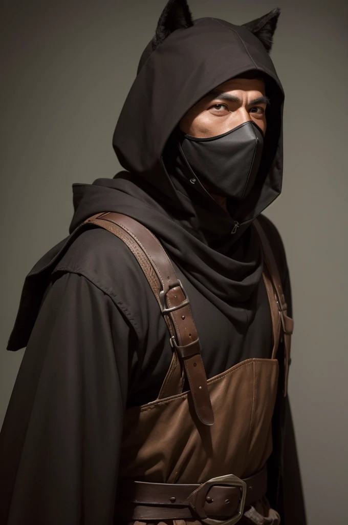 man with a brown hood and a black mask, holding a wooden bow and accompanied by a wolf