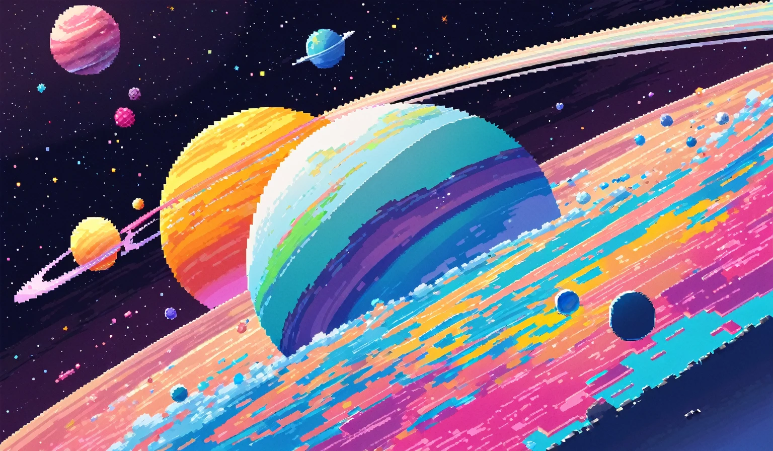 kawaii, pixel art, beautiful swirling planet, space, rings around planet, colorful, pastel colors,