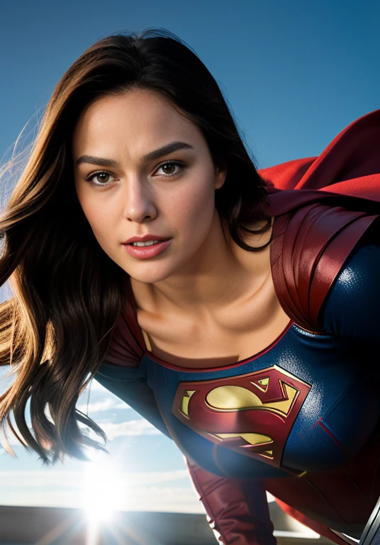 A closeup of a woman in a Superman costume posing, superchica, Melisa B as superchica, super-hero girl, gal gadot as superchica, superman pose, Super realistic photo, superhero body, superheroine costume, the super hot and sexy, Margot Robbie as Wonder Woman, powerful girl, super model, female superhero proportions, no text, super hero pose
