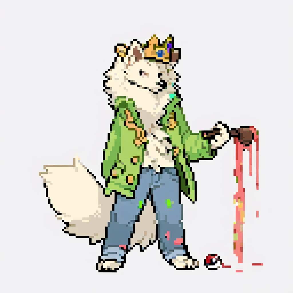 canid, canine, canis, mammal, mythological_canine, were, werecanid, werecanine, samoyed, dog, white_body, white_fur, black_nose, paint_splotches, messy_paint, rainbow_paint, messy_clothes, stained_clothes, slightly_oversized_crown, wearing_crown, green_jacket, blue_jeans, painting_pokéball, holding_brush, holding_pokéball, standing_straight, male, fingers, fluffy, fluffy_tail, fur, thin_anthro, full_body, solo, digital_media_(artwork), hi_res, masterpiece,