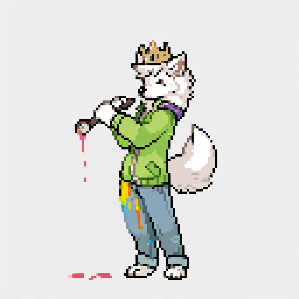 canid, canine, canis, mammal, mythological_canine, were, werecanid, werecanine, samoyed, dog, white_body, white_fur, black_nose, paint_splotches, messy_paint, rainbow_paint, messy_clothes, stained_clothes, slightly_oversized_crown, wearing_crown, green_jacket, blue_jeans, painting_pokéball, holding_brush, holding_pokéball, standing_straight, male, fingers, fluffy, fluffy_tail, fur, thin_anthro, full_body, solo, digital_media_(artwork), hi_res, masterpiece,