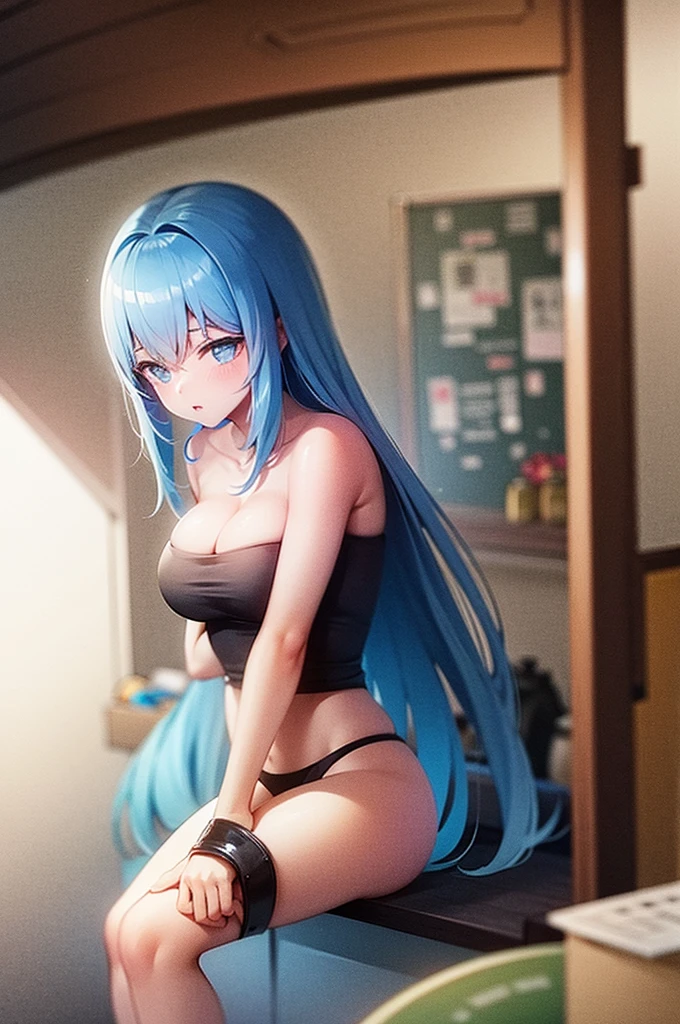 One girl, Long light blue hair, dark blue, sit in classroom, Modern black , アニメshow off breasts
breasts out