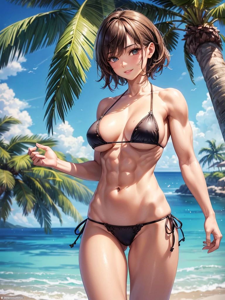 ,(best quality, ultra-detailed, realistic:1.37, masterpiece:1.2), woman, beautiful detailed eyes, beautiful detailed lips, brown hair tied up, smile,micro bikini, (muscular body:1.1),slim figure, caustics, textile shading, toned body, clean abs, palm trees swaying, messy flipped short hair,