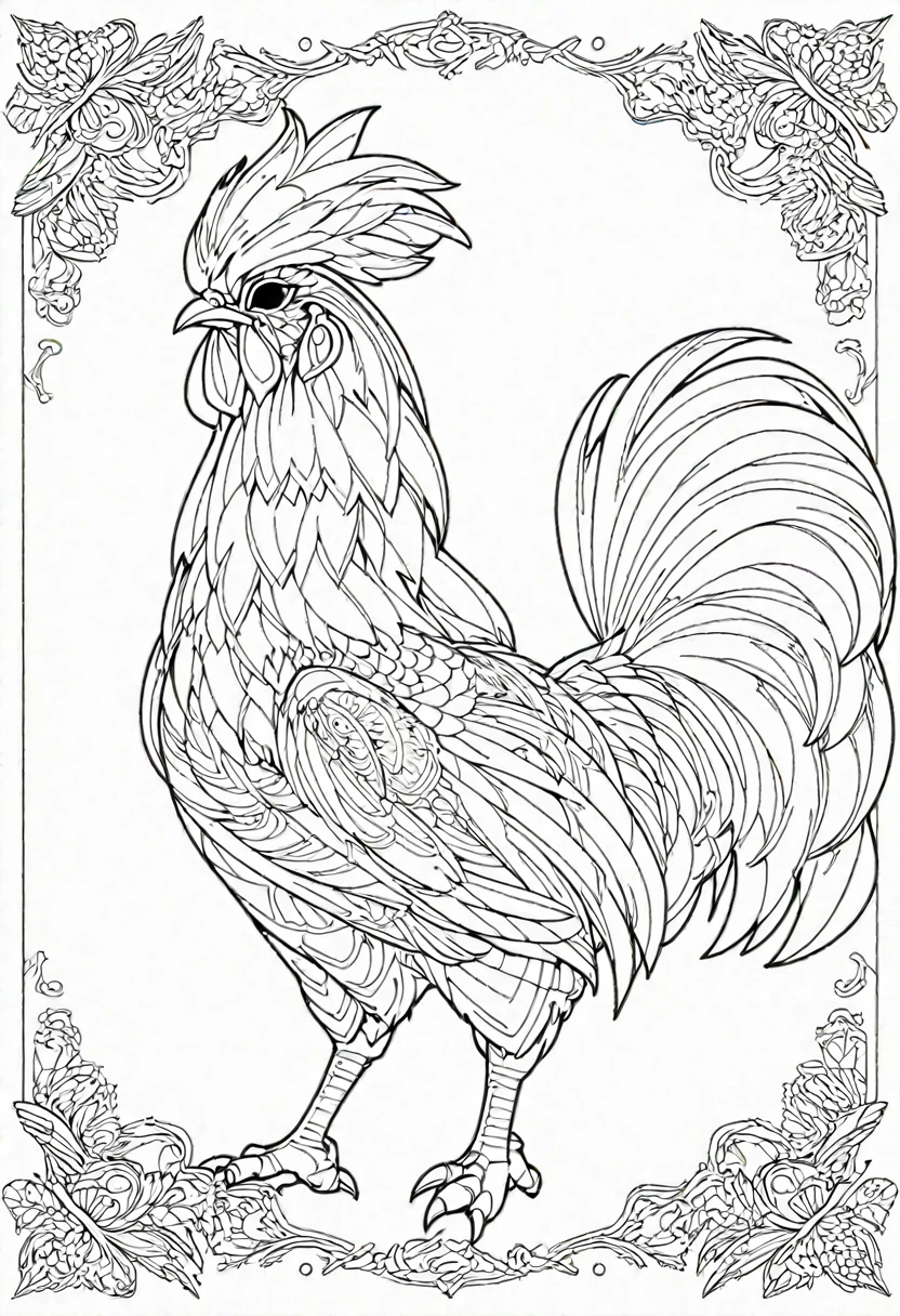 a coloring page with a rooster, black and white coloring, Coloring book outline, Detailed line art, clean coloring book page, stylized lines, art outline, detailed drawing in 4k, line art coloring page, detailed art, hyper Detailed line art, detailed digital drawing, Coloring Pages, coloring pages, extremely fine ink line