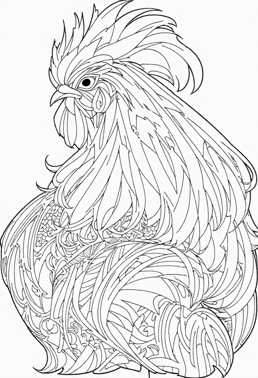 a coloring page with a rooster, black and white coloring, Coloring book outline, Detailed line art, clean coloring book page, stylized lines, art outline, detailed drawing in 4k, line art coloring page, detailed art, hyper Detailed line art, detailed digital drawing, Coloring Pages, coloring pages, extremely fine ink line