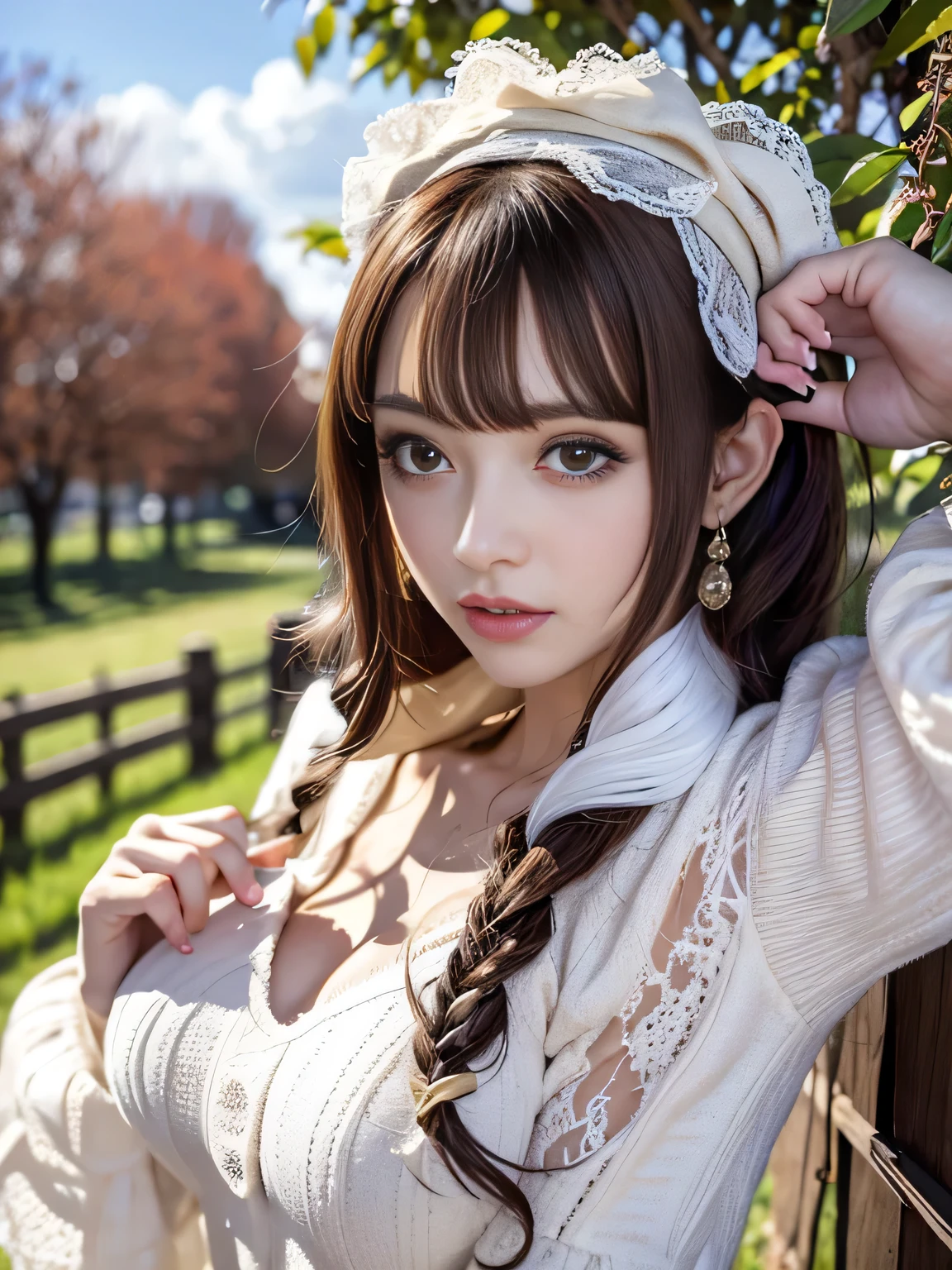 masterpiece, Highest quality, One Girl, (bishojo, Cosplayers:1.3), (:1.2), Very fine grain definition, (Symmetrical eyes:1.3), Browsing Caution, (Lying on pasture, Shooting from the sky:1.3), (one piece, White lace dress:1.3), light makeup, eyelash, Brown eyes, Parted bangs, Brown Hair, (Eye and facial details:1.0)