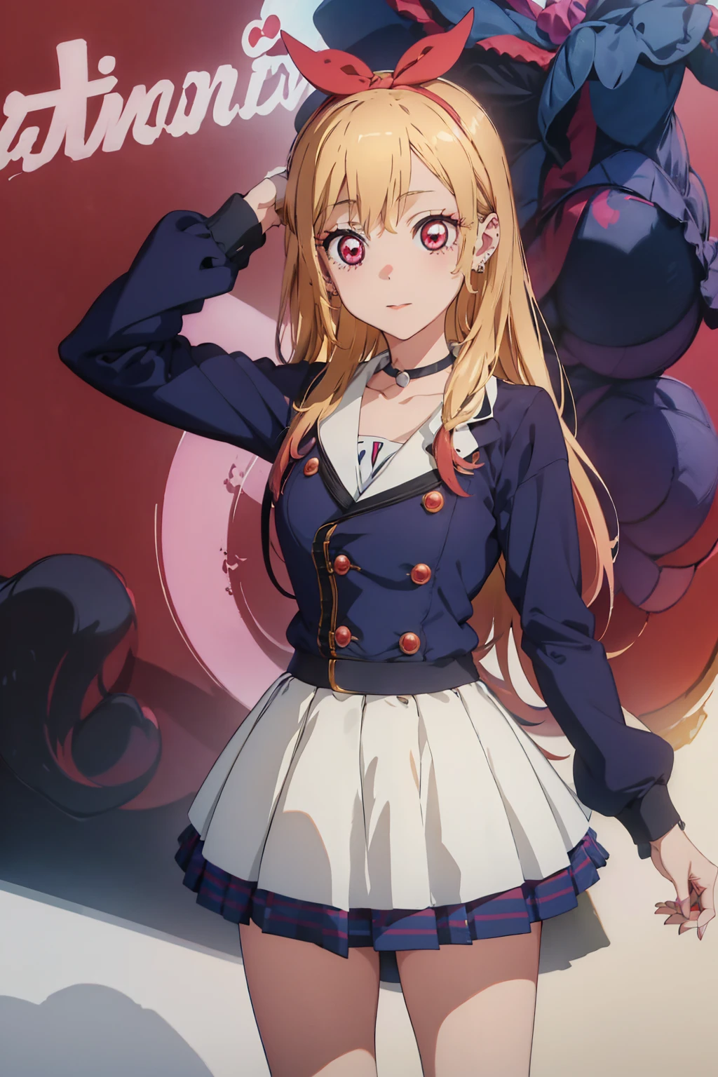 aikatsu,Blonde_HAIR,hoshimiya ichigo,hight resolution, absurdres, best_Quality, Ultra_Detailled, 8K, extremely_clear, photo, beautiful, Beautiful face, Scharp Focus, HDR, 1girl, Clean eyes, very wide-eyed,cyberpunk megacity background , hanabi, Beautiful face, very red areola, standing , very seductive pose, young, te bra, bare chest, No Top, NSFW, Blond long hair with red ends, pierced ears, marin kitagawa, clothes lift, skirt lift,panties