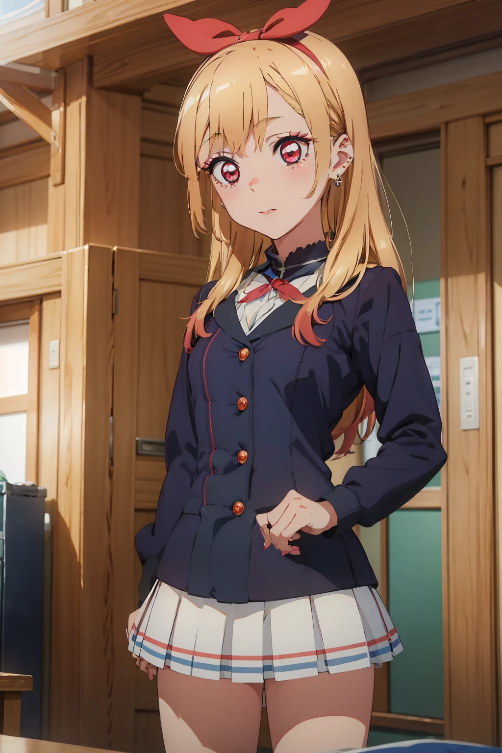 a beautiful female nurse kneeling in a hospital, dressed in nurse's uniform, 1girl, nurse, breasts, nurse cap, solo, blonde hair, thighhighs, cleavage, smile, choker, large breasts, long hair, red eyes, looking at viewer, hat, kitagawa marin, jewelry, black choker, black thighhighs, grin, earrings, piercing, ear piercing, bangs, collarbone,Marin Kitagawa ,Ichigo Hoshimiya (Aikatsu!),lol_i