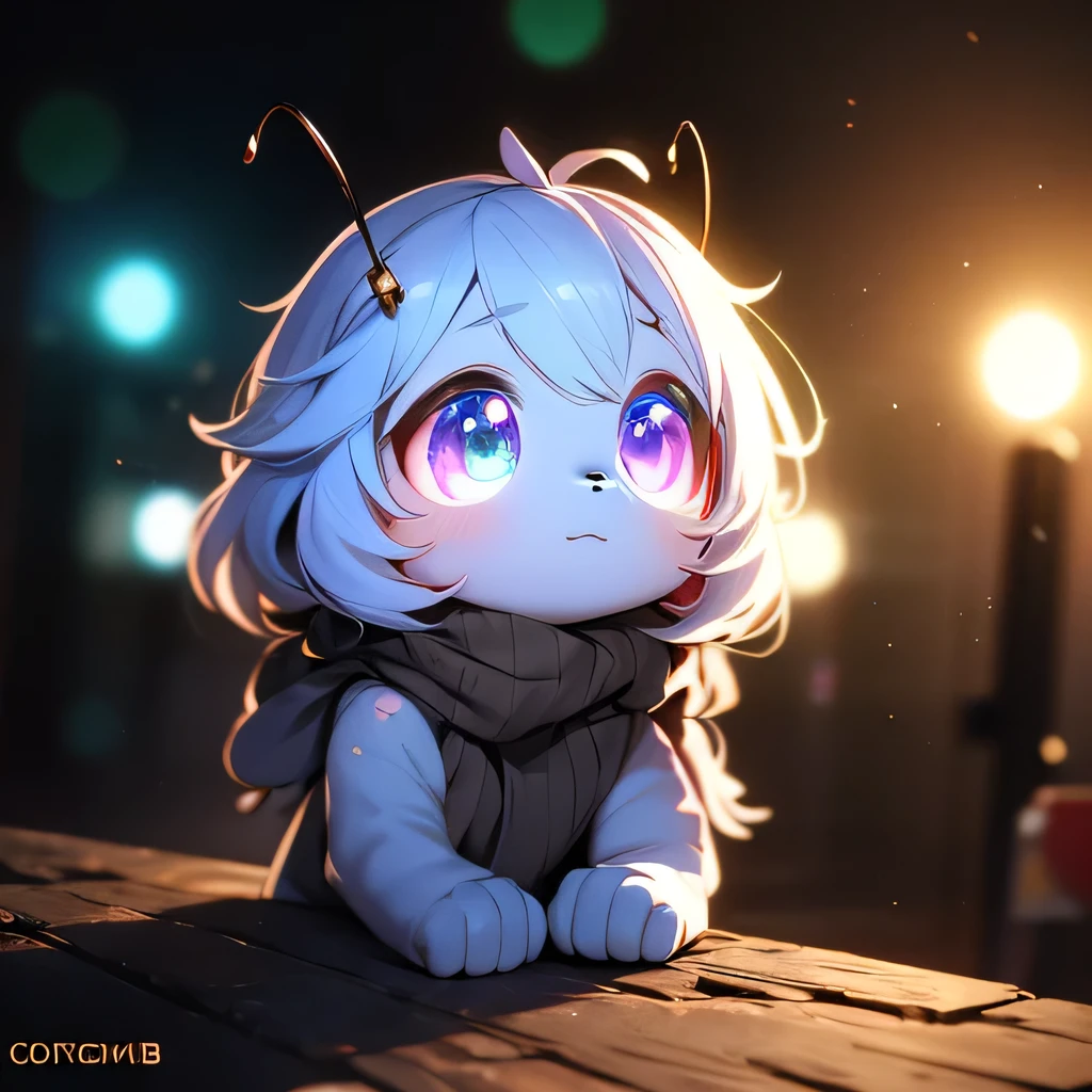 A little glow worm, bug eyes, large glowing goggles, glowing bug antenna, large fur scarf, four arms, short and stout, bug face, mandibles, chibi bug person, 1 character, ultra-detailed, 8k, highres, photorealistic, masterpiece, vibrant colors, cinematic lighting, concept art