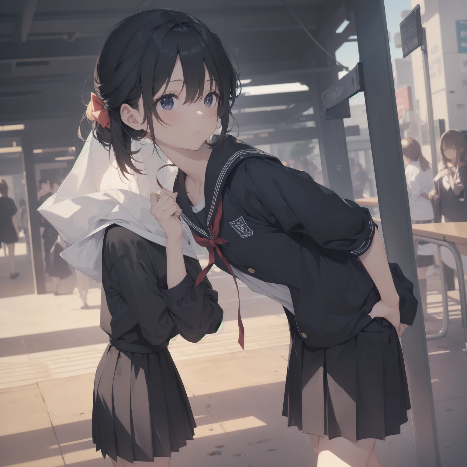 ultra-absurdres-Top quality by artist God, ultra-detailed, high resolution, anime moe artstyle, best anime 8k konachan wallpaper, pixiv contest winner, pool:2810, perfect anatomy,break, 1girl, (Please draw a girl walking sleepily to school alone. )break,(Solo,little female, 13-year-old:1.3),Full limbs, complete fingers,a junior high school student, (very short hair), short cut, flat chest, , small butt, small black eyes, beautiful detailed eyes, well-proportioned iris and pupils, expressive eyes, highres detailed hair, soft expression, salor school_uniform, sailor collar, serahuku, bow, pleated skirt,(Detailed Lighting), (Detailed background), in the School commute route. break,super detailed skin, Best cinematic lighting powered by famous artist, 8k,beauty illustration,photoshop_(medium),very aesthetic,break,((artist:saiguchi_otoufu )), artist:clamp ,artist:carnelian ,artist:kantoku ,
