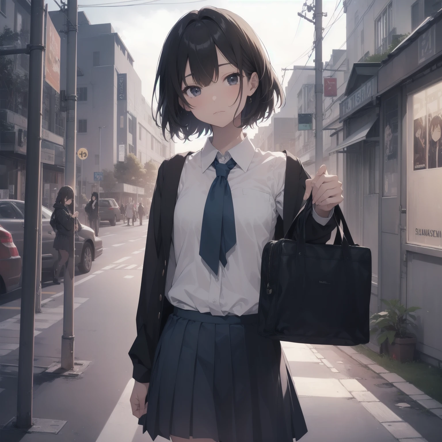 ultra-absurdres-Top quality by artist God, ultra-detailed, high resolution, anime moe artstyle, best anime 8k konachan wallpaper, pixiv contest winner, pool:2810, perfect anatomy,break, 1girl, (Please draw a girl walking sleepily to school alone. )break,(Solo,little female, 13-year-old:1.3),Full limbs, complete fingers,a junior high school student, (very short hair), short cut, flat chest, , small butt, small black eyes, beautiful detailed eyes, well-proportioned iris and pupils, expressive eyes, highres detailed hair, soft expression, salor school_uniform, sailor collar, serahuku, bow, pleated skirt,(Detailed Lighting), (Detailed background), in the School commute route. break,super detailed skin, Best cinematic lighting powered by famous artist, 8k,beauty illustration,photoshop_(medium),very aesthetic,break,((artist:saiguchi_otoufu )), artist:clamp ,artist:carnelian ,artist:kantoku ,
