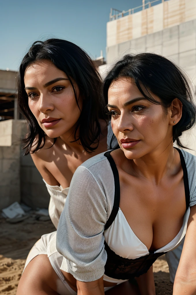 In detailed portrayal, two elderly women in their sixties are depicted in a striking contrast against the backdrop of a construction site, dressed in elegant lingerie that contrasts with the rugged environment. Despite their age, they maintain athletic builds and have thick, silver-streaked black hair that adds to their authoritative presence. Their faces bear the marks of a lifetime, with gentle lines and wrinkles that convey wisdom and resilience, their eyes portrayed with hyper-realistic precision, capturing the intensity and focus required in their surroundings. The scene is illuminated by the harsh