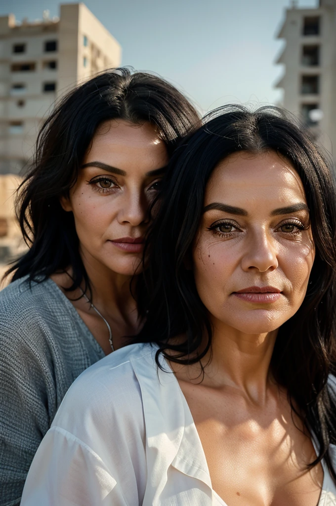 In detailed portrayal, two elderly women in their sixties are depicted in a striking contrast against the backdrop of a construction site, dressed in elegant lingerie that contrasts with the rugged environment. Despite their age, they maintain athletic builds and have thick, silver-streaked black hair that adds to their authoritative presence. Their faces bear the marks of a lifetime, with gentle lines and wrinkles that convey wisdom and resilience, their eyes portrayed with hyper-realistic precision, capturing the intensity and focus required in their surroundings. The scene is illuminated by the harsh