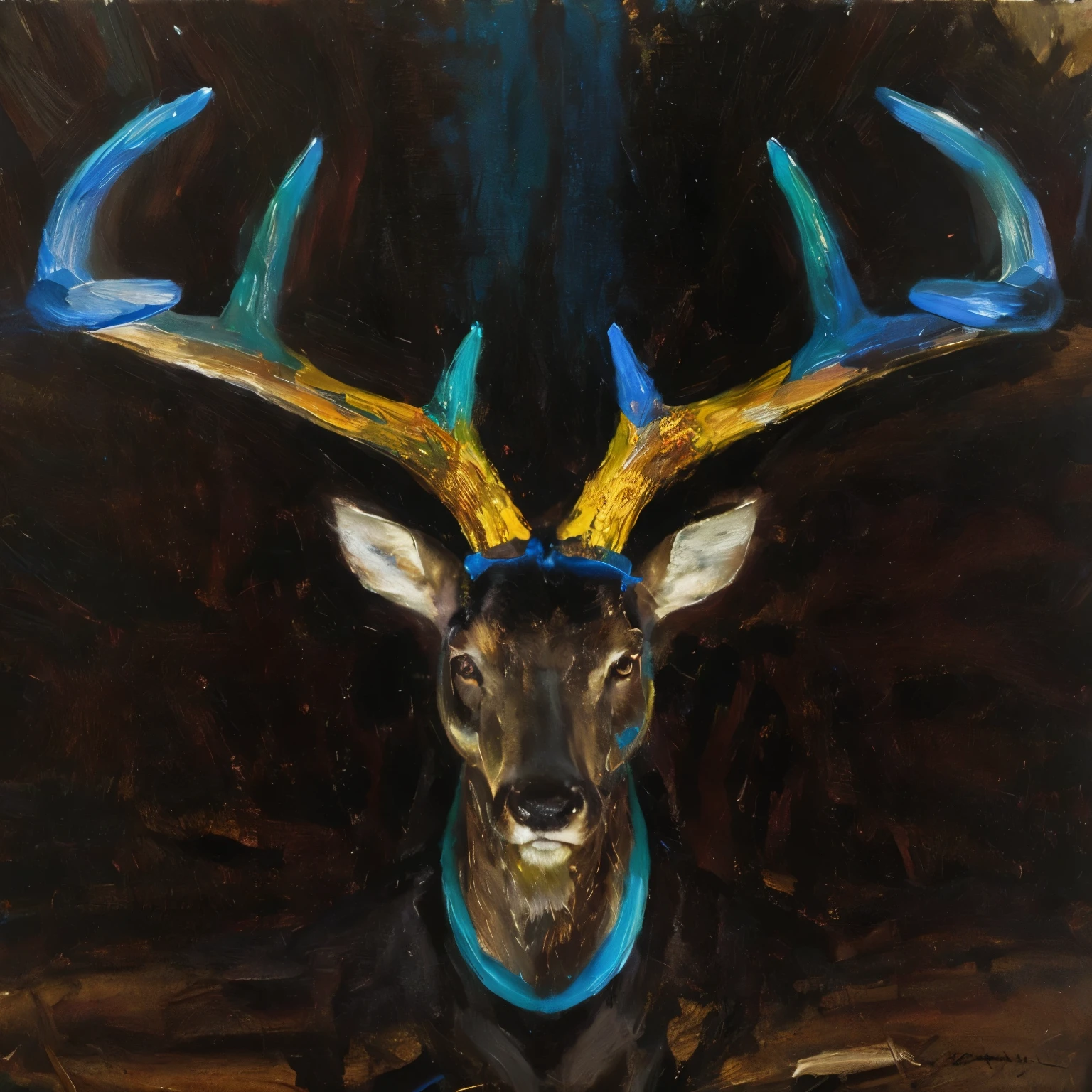 deer head oil painting abstract, blacks and blues, front profile, masterpiece, romantism