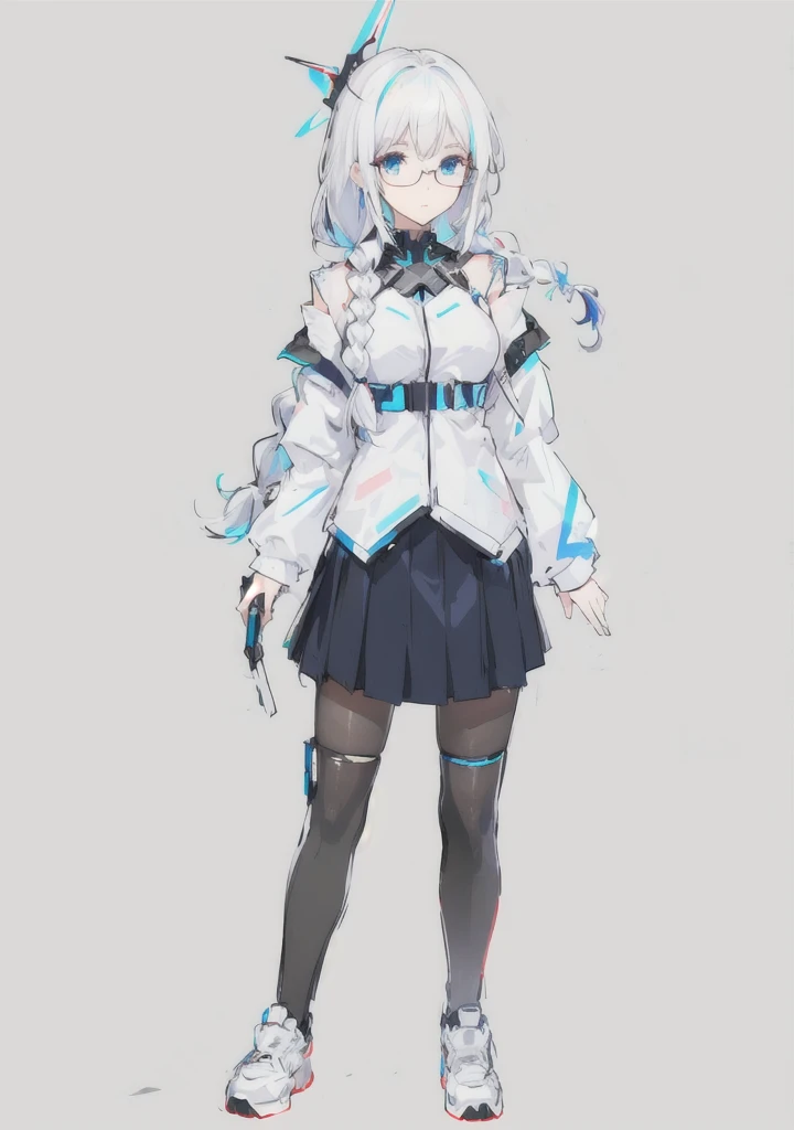 anime girl, white hair, one braid, black skirt, blue eyes, open shoulders, cyberpunk, round glasses,