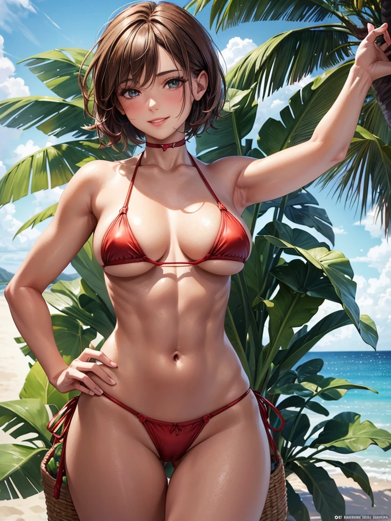 ,(best quality, ultra-detailed, realistic:1.37, masterpiece:1.2), woman, beautiful detailed eyes, beautiful detailed lips, brown hair tied up, smile,red micro bikini, slim figure, caustics, textile shading, toned body, clean abs, palm trees swaying, messy flipped short hair,