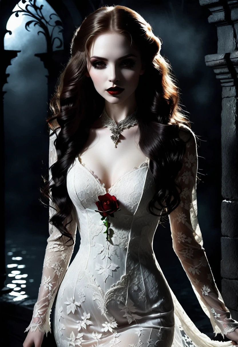 Dark fantasy art, fantasy art, goth art,  a picture of a female vampire, exquisite beauty, full body shot, dark glamour shot,  pale white skin, dark blond hair, long hair, wavy hair, (glowing grey: 1.3) eyes,  she  wears a (white lace dress: 1.3) exquisite, beautiful, half sheer dress, ((white lace: 1.5)) dress (intense details, Masterpiece, best quality: 1.5), ArmoredDress, the roses are imprinted on the dress (black: 1.4)  black roses betmd, high heells, dark castle porchm, dark, black and color