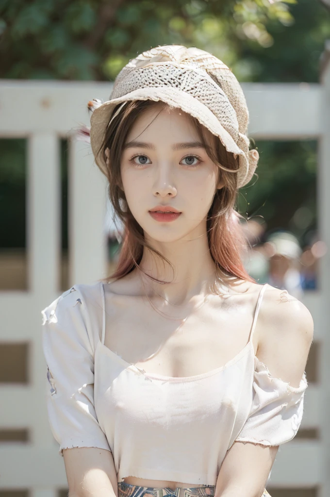 (Extremely meticulous CG),(((8k))),wallpaper,((Extremely refined and beautiful)),(((Masterpiece))),(((best qualtiy))),(((Ultra High Resolution))),realistic shaded,(Smooth and flawless fair skin:1.5),(Extremely exquisite facial details:1.2),(ultra-detailed:1.5),((a beautiful girl,solo)),(Pink Fisherman Hat:1.5),(shoulder length straight hair:1.3),(small head:1.2),(slender face:1.2),(Exquisite makeup:1.3),(happy:1.2),(laughing:1.2),(perfect body:1.2),(oversize white shirt with short sleeves:1.3),(small breasts:1.3),(flat chest:1.2),(briefs:1.3),((slim,thin)),(from front:1.3),(standing:1.3),(arms behind back:1.3),(at the schoolgate:1.5),(urban landscape:1.3),(outdoor:1.3),(summer:1.3),(day scene:1.3),(afternoon sunshine:1.3),(upper body:1.3),(surrounded by crowded crowds:1.5)