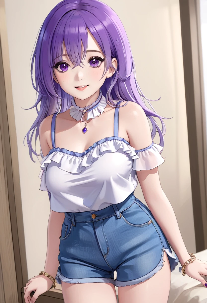 (detailed skin:1.2), (shiny skin:1.4), 8k, best quality, masterpiece, (soft saturation:1.3), (fair skin:1.2), BREAK, 1girl, makeup, large breasts, BREAK, hana suzuki, purple hair, purple eyes, long hair, BREAK, frilled camisole, denim shorts, bare legs, heeled sandals, choker, room, BREAK, smile, open mouth, standing