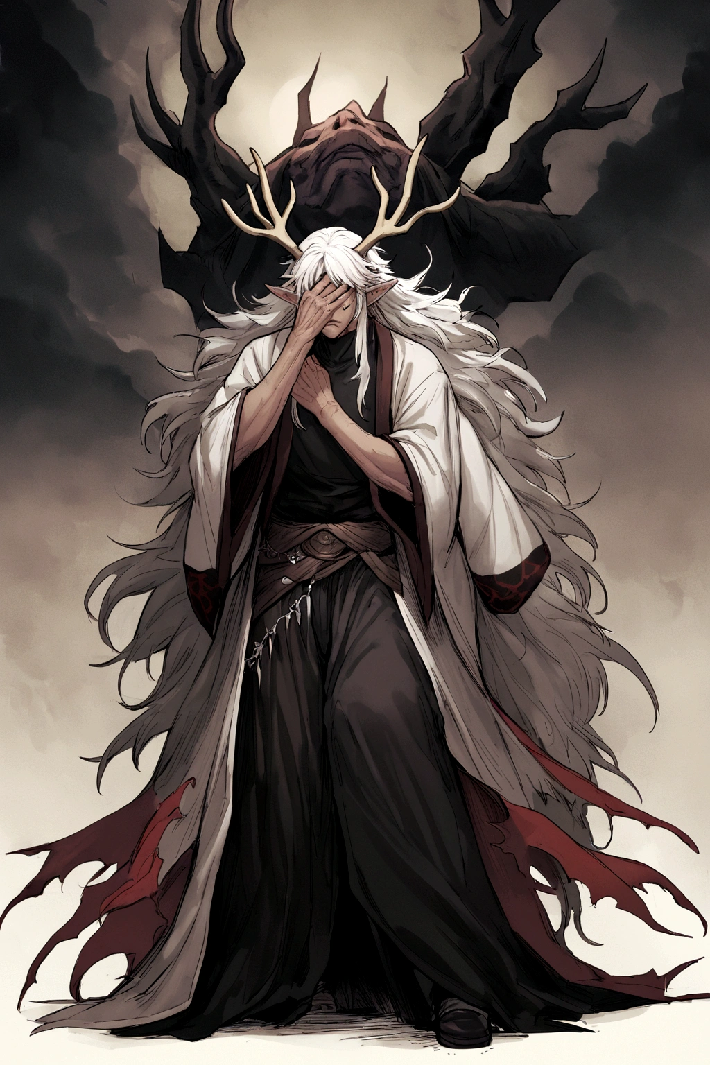 solo, 20 year old male, character fusion,  nidhogg fused with odin and sun wukong, tall tanned man with wild unruly white hair, bangs on face, bangs on one eye, ((hair partially covering eyes)), black sclera on eyes, long voluminous hair, spiky hair, pointy ears, fit , open haori, turtleneck tanktop, manly jaw, dark crystal antlers, exhausted expression, khaenr'ah abyss, draconic person, calamity incarnate,  full body