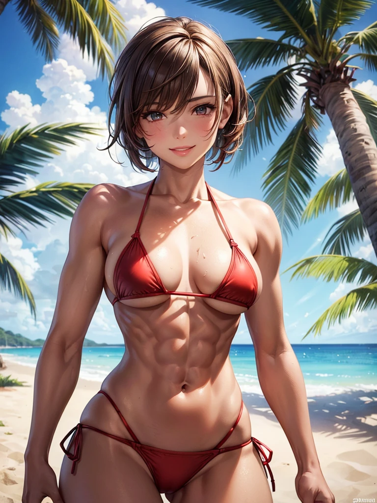 ,(best quality, ultra-detailed, realistic:1.37, masterpiece:1.2), woman, beautiful detailed eyes, beautiful detailed lips, brown hair tied up, smile,red micro bikini, (muscular body:1.1),slim figure, caustics, textile shading, toned body, clean abs, palm trees swaying, messy flipped short hair,