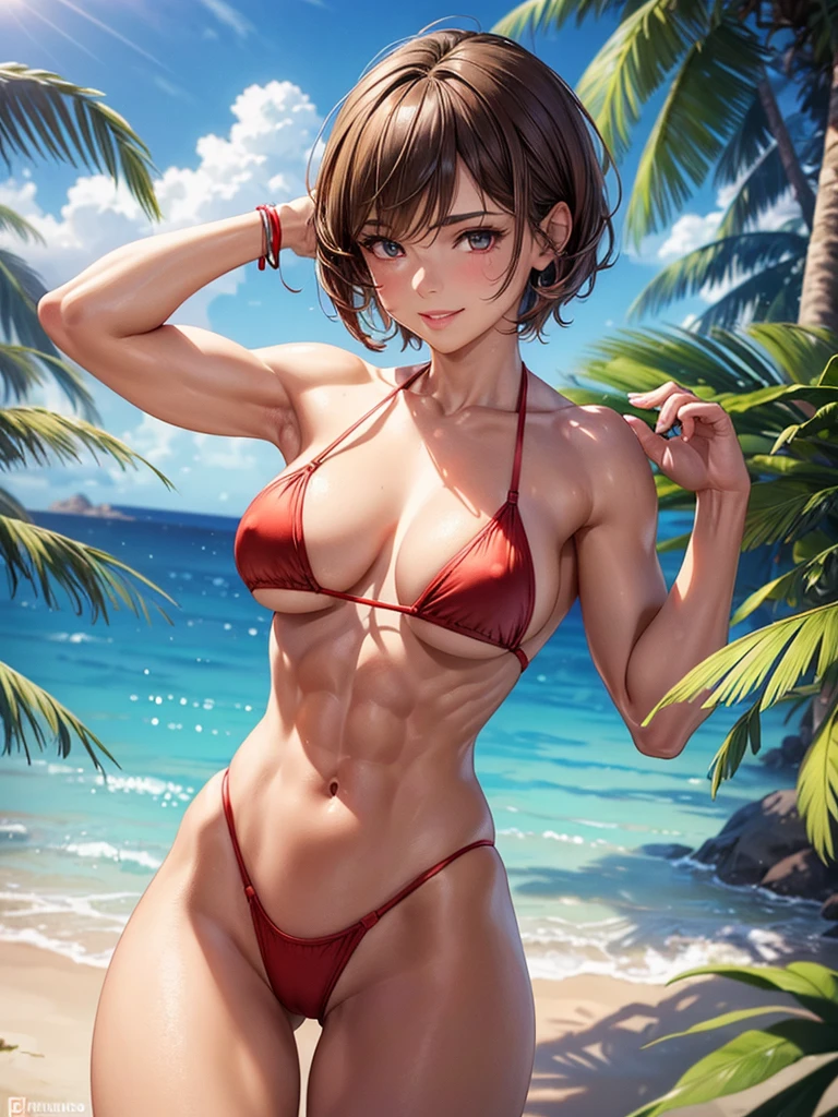 ,(best quality, ultra-detailed, realistic:1.37, masterpiece:1.2), woman, beautiful detailed eyes, beautiful detailed lips, brown hair tied up, smile,red micro bikini, (muscular body:1.1),slim figure, caustics, textile shading, toned body, clean abs, palm trees swaying, messy flipped short hair,