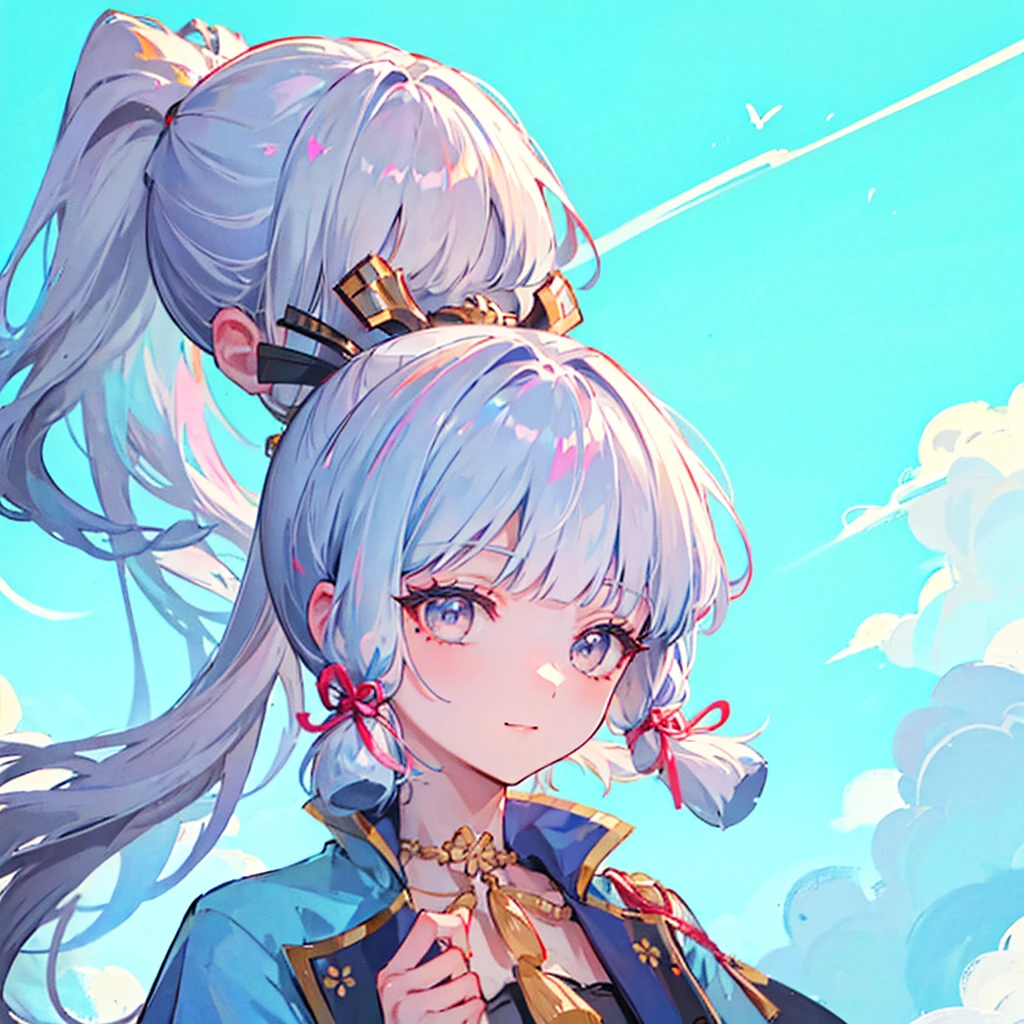 masterpiece, best quality, high detailed, sharp details, from front, kamisato ayaka (flawless radiance), kamisato ayaka, official costume, ponytail, kote, kusazuri, blunt bangs, hair ribbon, red ribbon, japanese armor, grey eyes, light blue hair, mole under eye, portrait, upper body, smiling, face focus, blue sky, cloud, sunny,  