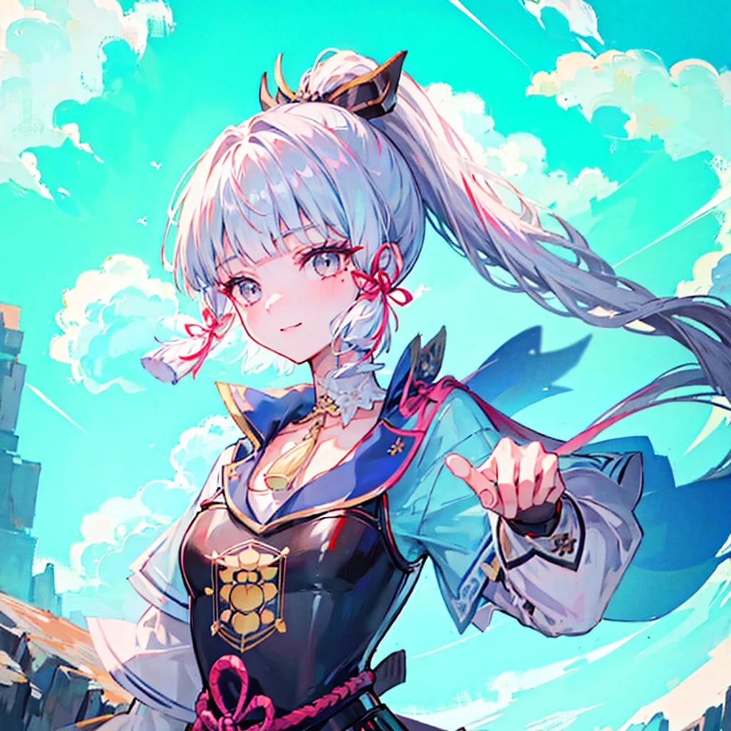 masterpiece, best quality, high detailed, sharp details, from front, kamisato ayaka (flawless radiance), kamisato ayaka, official costume, ponytail, kote, kusazuri, blunt bangs, hair ribbon, red ribbon, japanese armor, grey eyes, light blue hair, mole under eye, portrait, upper body, smiling, face focus, blue sky, cloud, sunny,  