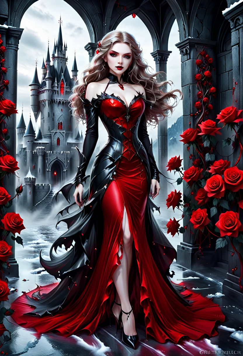 Dark fantasy art, fantasy art, goth art, a picture of a female vampire, exquisite beauty, full body shot, dark glamour shot, pale white skin, dark blond hair, long hair, wavy hair, (icy grey: 1.3) eyes, she wears a (red: 1.3) dress, ArmoredDress, entwined with (black: 1.3) roses betmd, high heells, dark castle porchm, RagingNebula