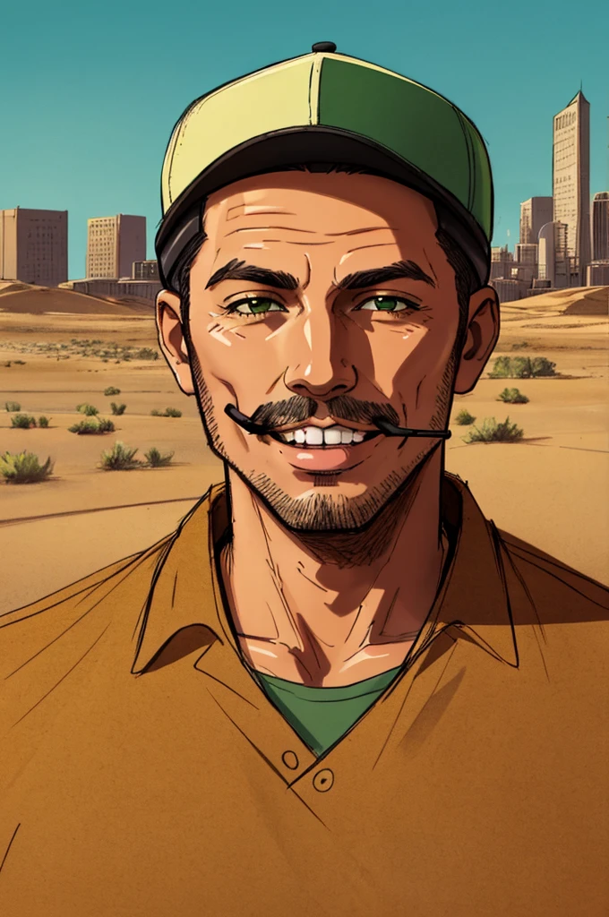 portrait a Smoker, wearing a cap, cigarette in his teeth, green, desert, sketch artstyle, city ruin background