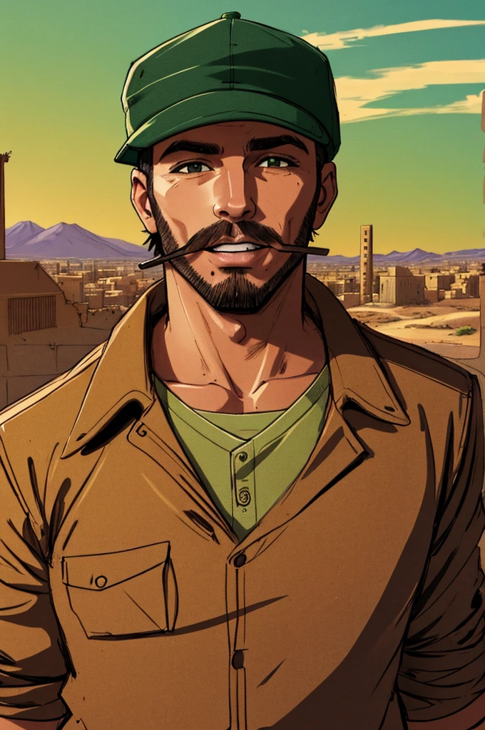 portrait a Smoker, wearing a cap, cigarette in his teeth, green, desert, sketch artstyle, city ruin background