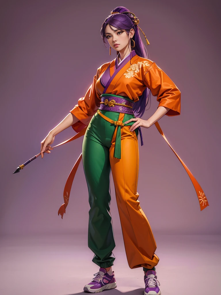 ((best quality)), ((4k)), ((highres)), ((masterpiece:1.2)). ((detailed)), ((ultra realistic)), ((intricate details)), ((full body picture)), ((character design sheet)), ((blank background)), ((standing in a blank background)), a full body shot of a beautiful martial arts korean goddess, martial arts korean goddess, martial arts goddess, fantasy female fighter, fighting game character, full body concept art, character design, gorgeous female matial artist, she's dressed in a purple, green and orange outfit, ((purple, green and orange outfit)), ((multi-colored outfit)), her outfit is a mixture of tradicional korean garments with jeans pants and sneakers